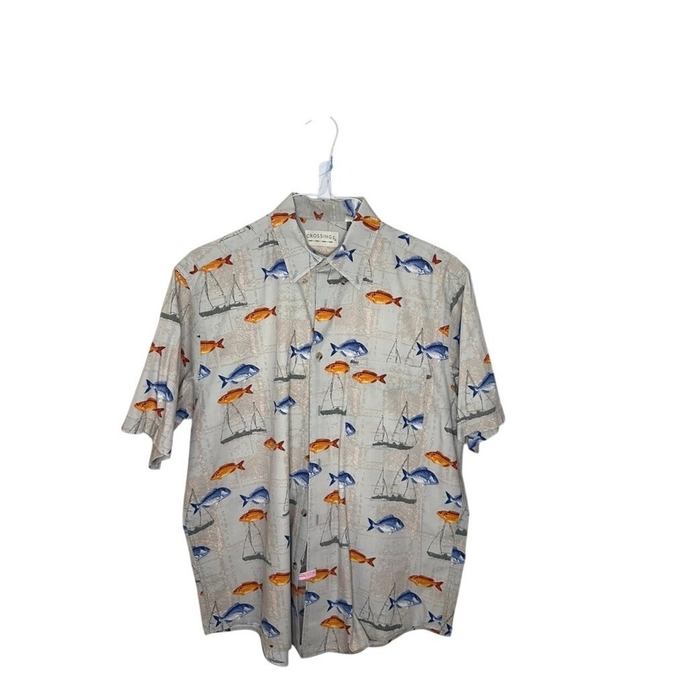 Crossings Mens Medium Cotton Short Sleeve Button Down Nautical Fish Sailboat Top